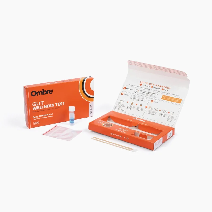 Ombre Gut Wellness Test kit with sample tube, swabs and return mailer